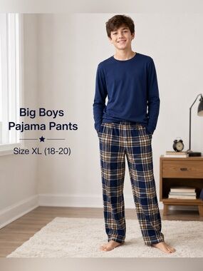 Big Boys Plaid Fleece Pajama Pants/XL 18-20 Blue Tan Elastic Waist Sleep Lounge